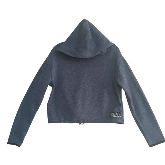Pink Victoria Secret Cropped Sweat Shirt Womens XS Blue Hooded Drawstrings - Picture 1 of 9